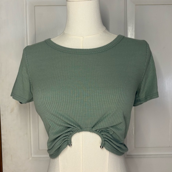 Endless Blu Tops - Green Crop Tie Front Short Sleeve T-Shirt